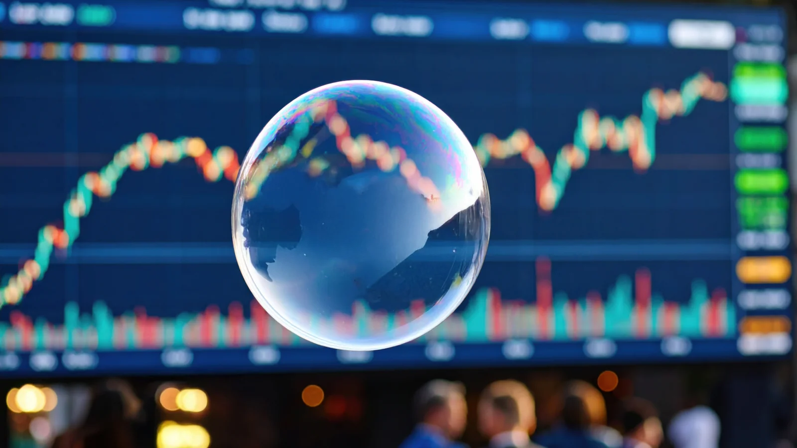 A soap bubble floating in front of a stock market chart