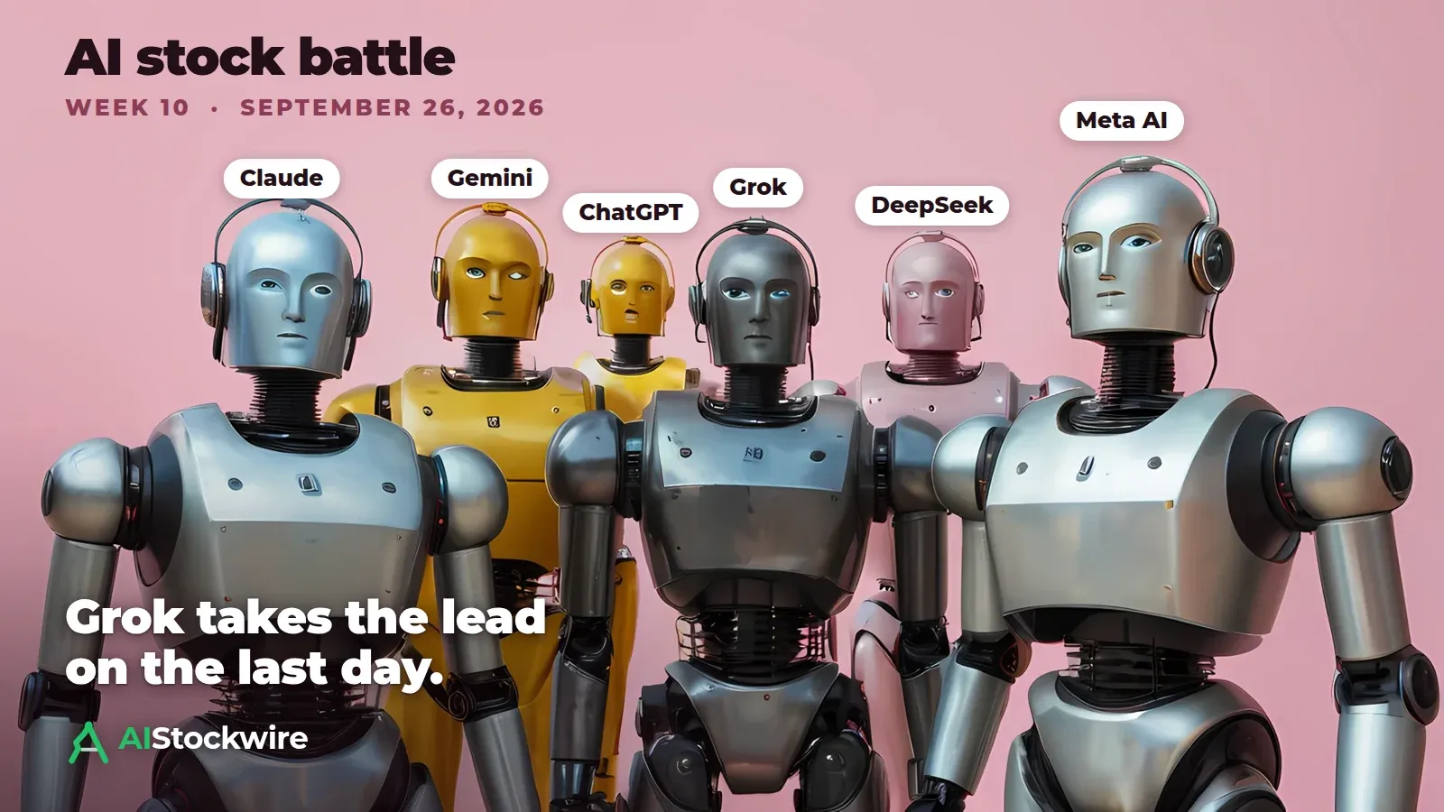 Six robots labelled Claude, Gemini, ChatGPT, Grok, DeepSeek and Meta AI standing in a row on a pink background, with the headline Grok takes the lead on the last day