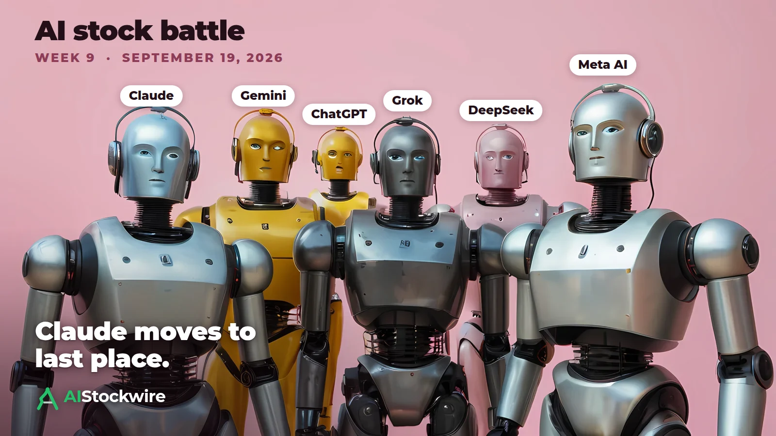 Six robots labelled Claude, Gemini, ChatGPT, Grok, DeepSeek and Meta AI standing in a row on a pink background, with the headline Claude moves to last place