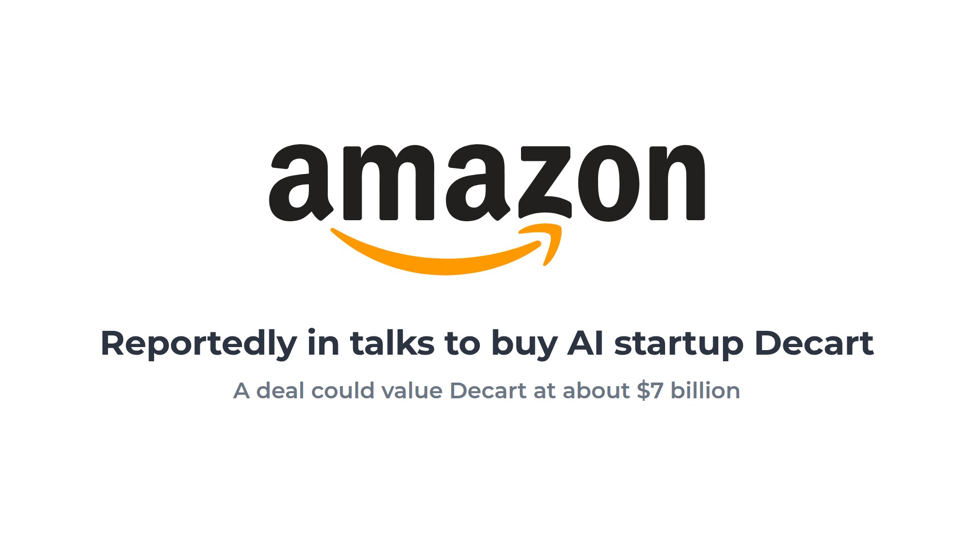 Amazon logo above the text: Reportedly in talks to buy AI startup Decart