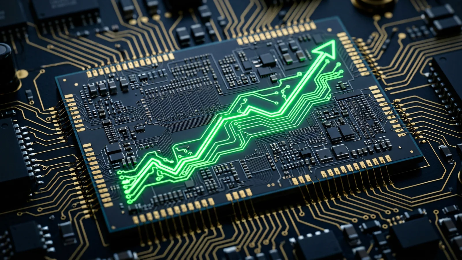 A glowing green upward arrow shaped like a rising stock chart runs through the circuitry of a semiconductor chip, evoking surging AI chip stocks.