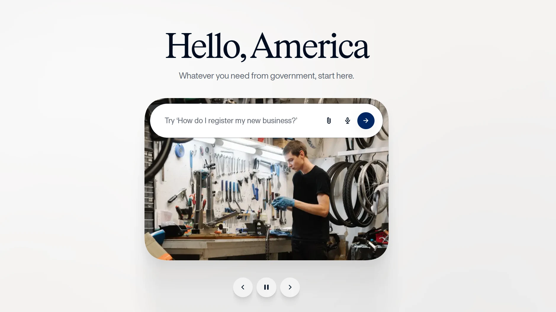 The America.gov homepage, showing the Hello, America heading and the AI chatbot search bar