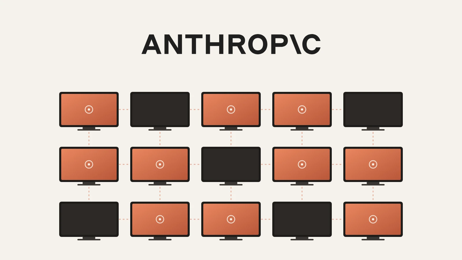 Anthropic logo above a networked wall of 15 smart TVs