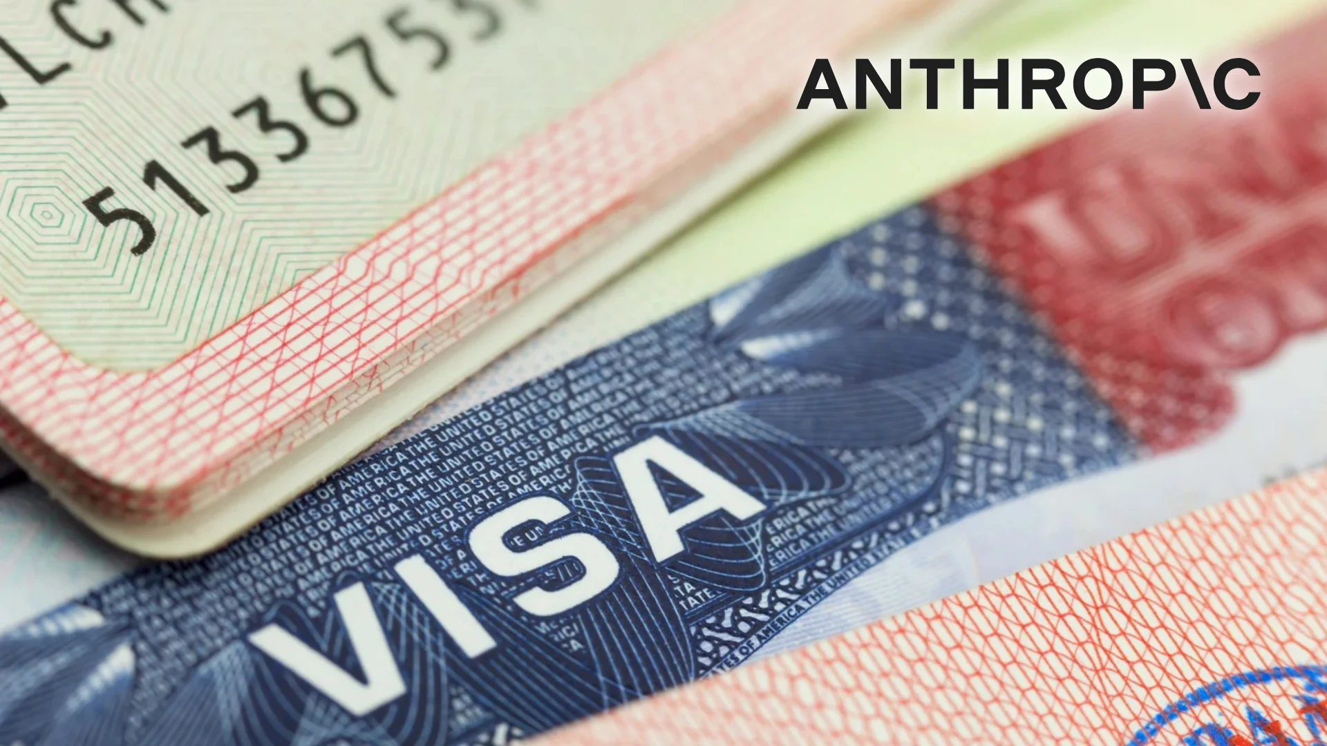 Anthropic logo over a close-up of a US visa in a passport