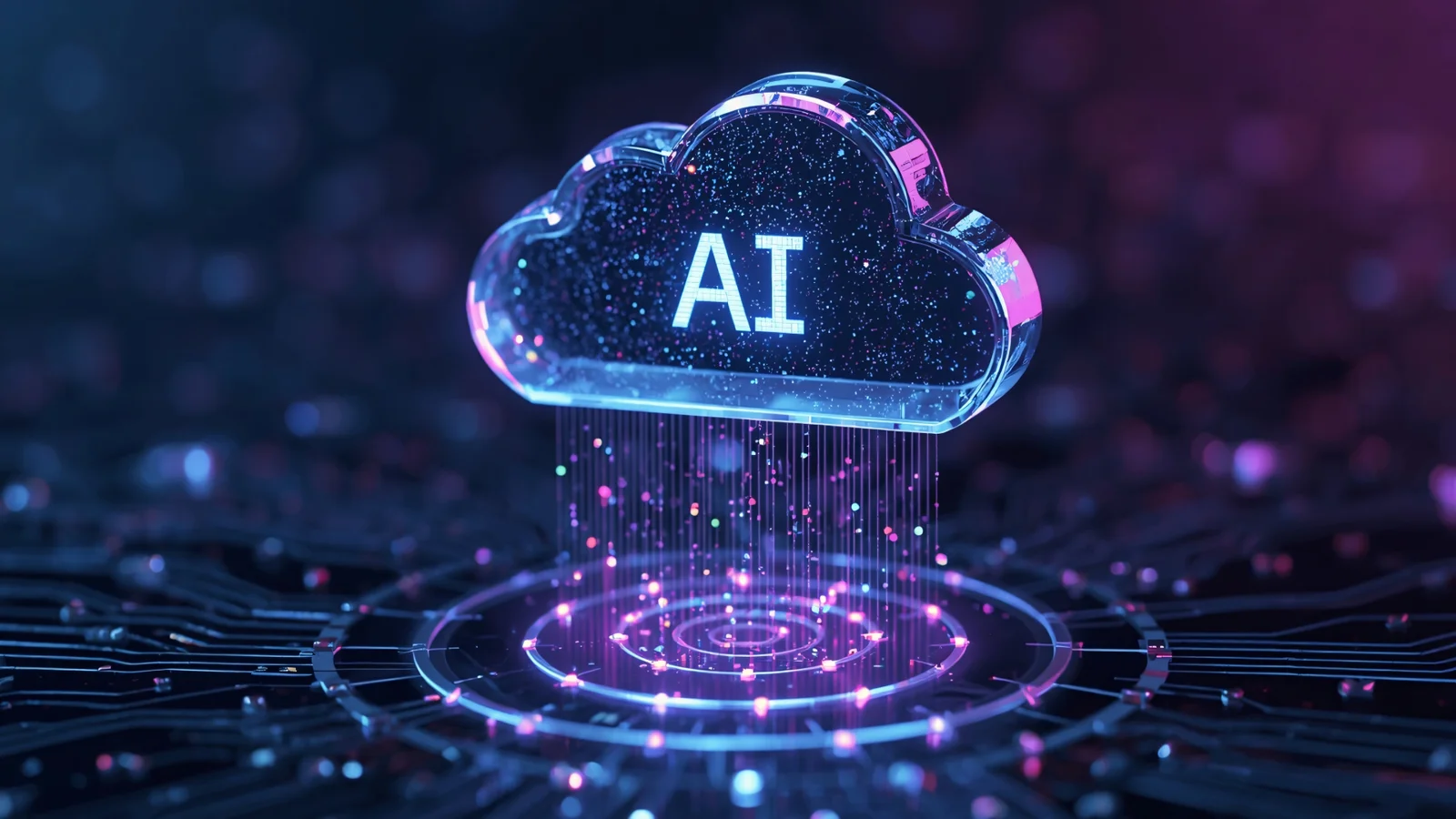A glowing glass cloud marked AI hovering over a circuit board, representing hyperscaler cloud and AI spending.