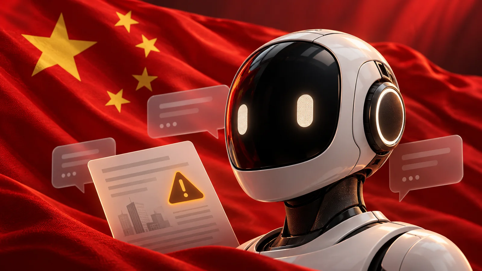 AI-generated illustration of a robot in front of a Chinese flag, beside a bid document marked with a warning sign