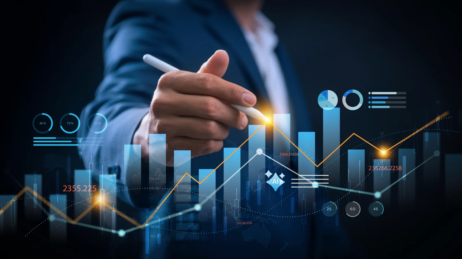 A businessperson points a stylus at a rising bar-and-line stock chart with blue and orange data-visualization overlays and a glowing AI icon, on a dark background.