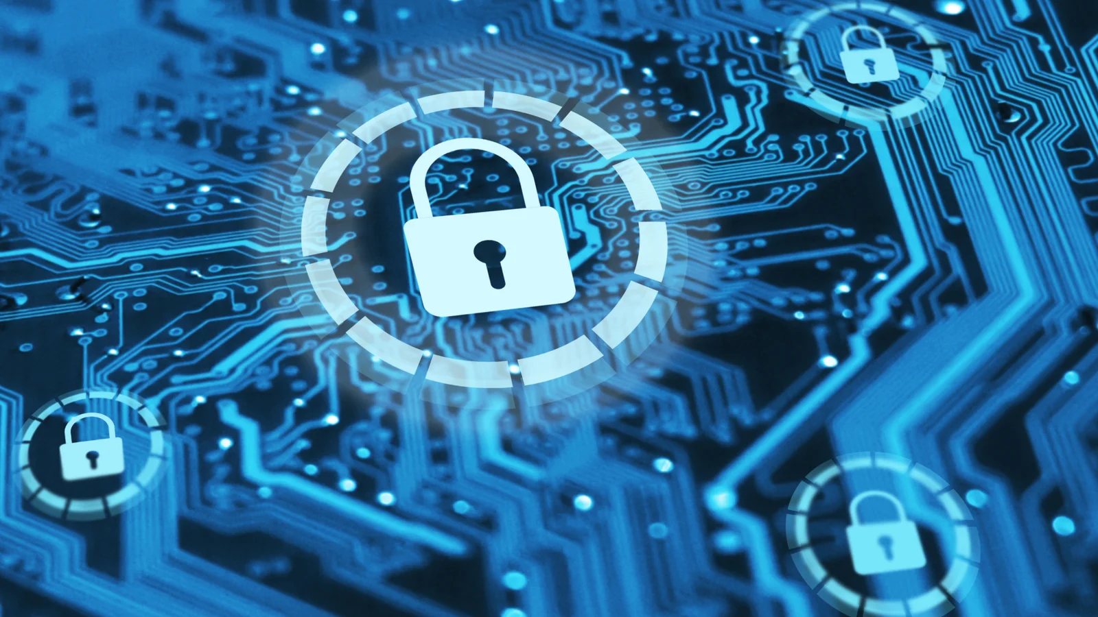 Padlock icons over a blue circuit board, illustrating cybersecurity