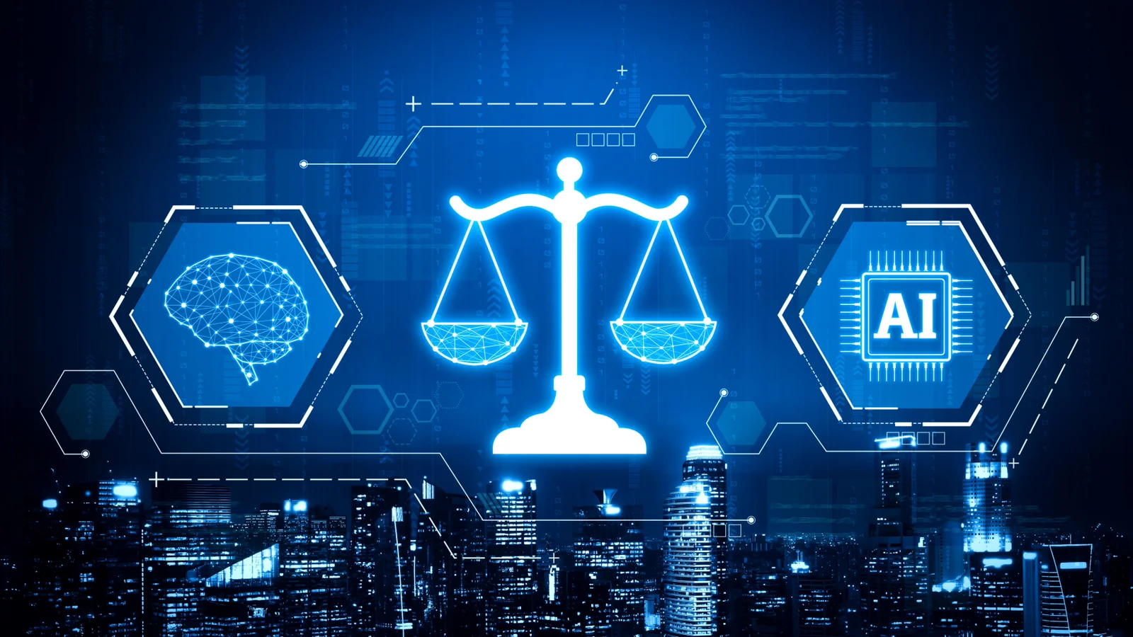 Illustration of glowing scales of justice between a digital brain and an AI chip over a city skyline