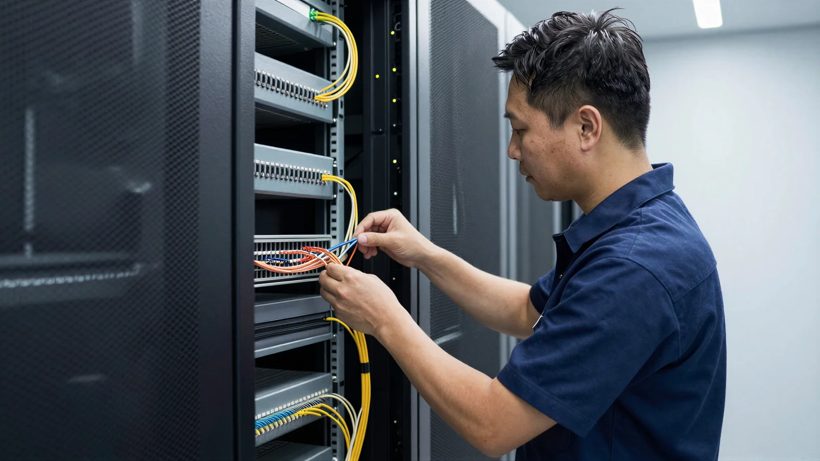 A technician connects fiber cables in a data center server rack