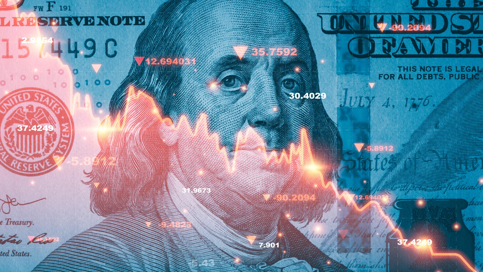 A $100 bill with a falling red stock chart overlaid on Benjamin Franklin's portrait