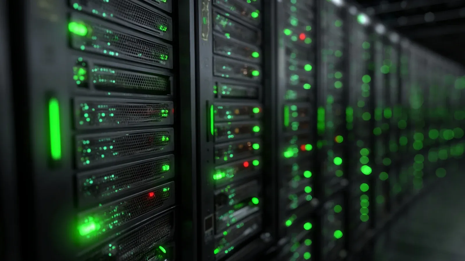 Rows of data center server racks lit by green status lights