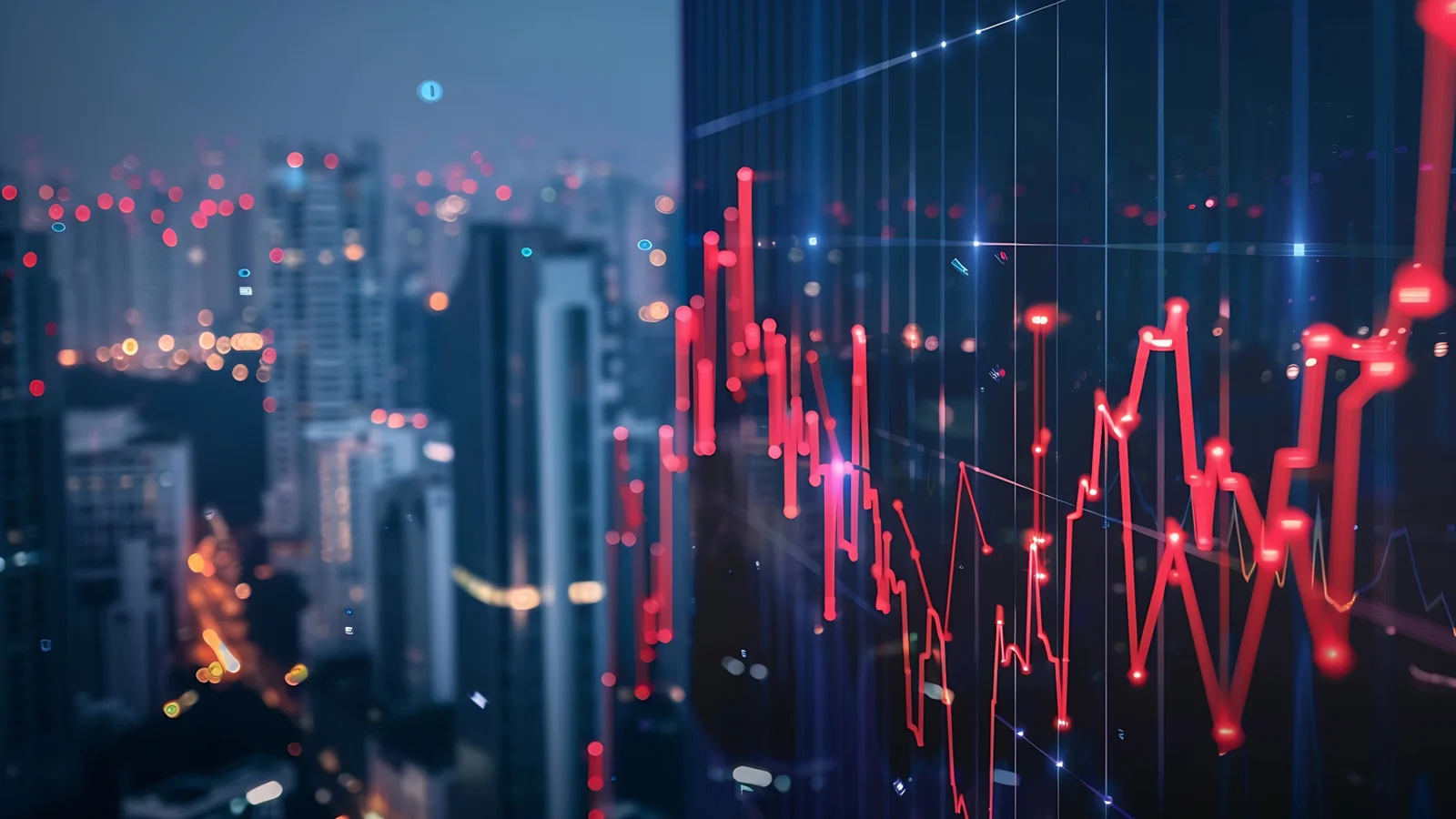 Red declining stock chart lines over a city skyline at dusk