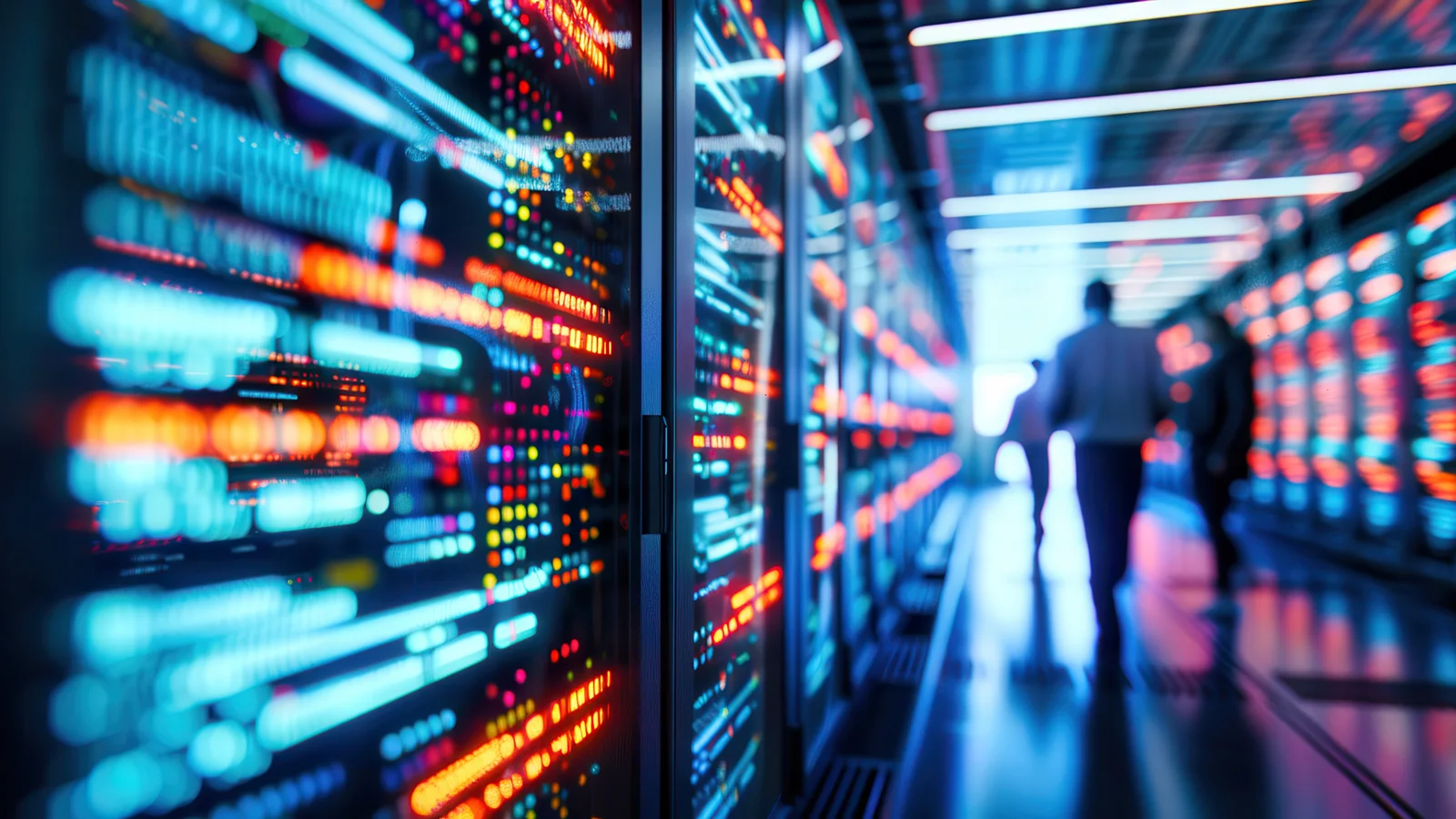 A row of server racks in a data center aisle, lit by rows of blue, orange and red status lights, with two people walking away from the camera in the background.