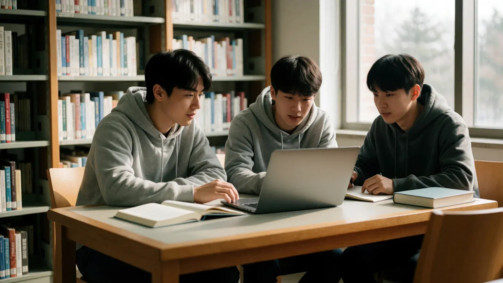 Three university students studying together at a library table