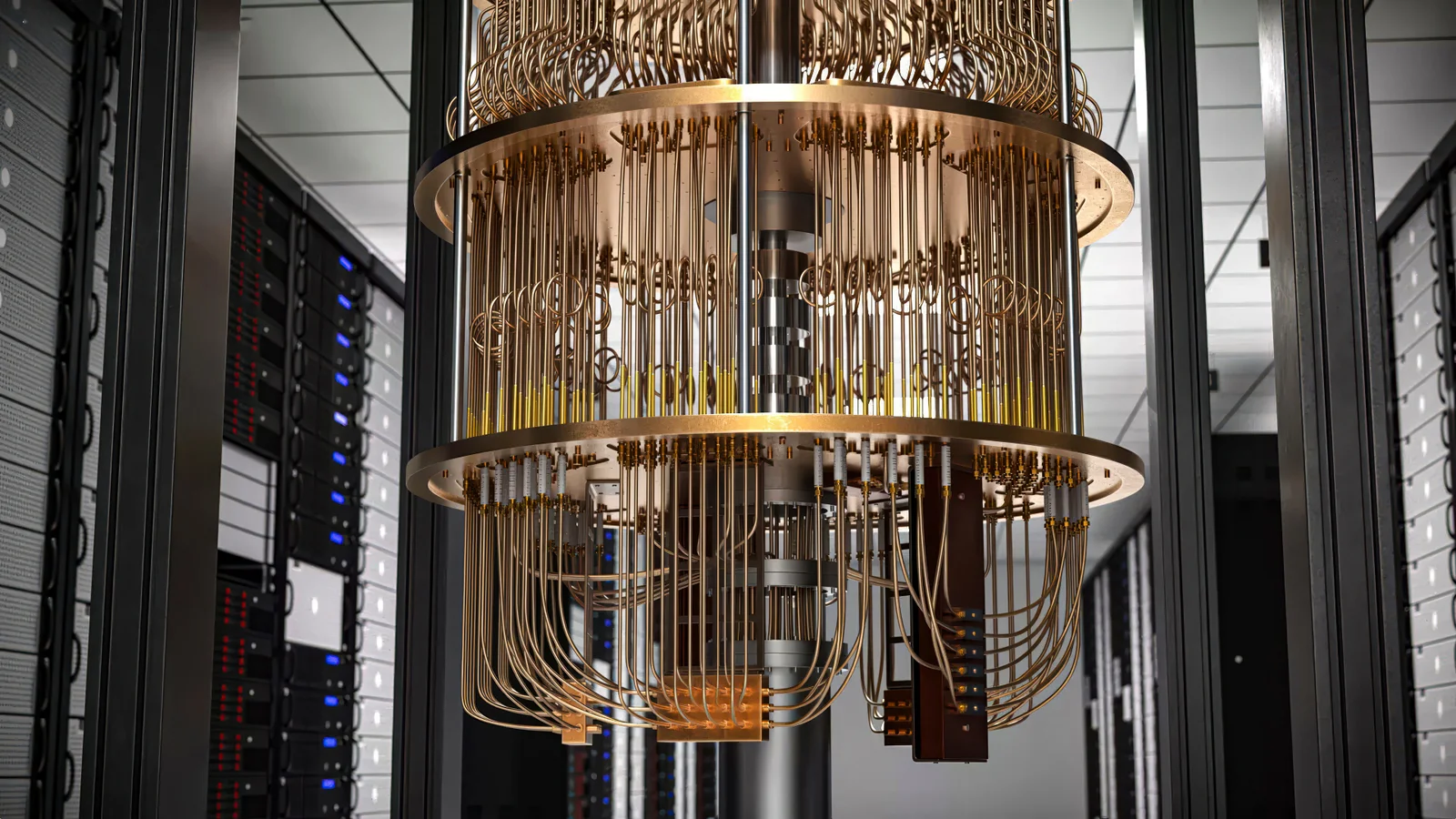 A gold quantum computing refrigerator assembly suspended between rows of server racks in a data center