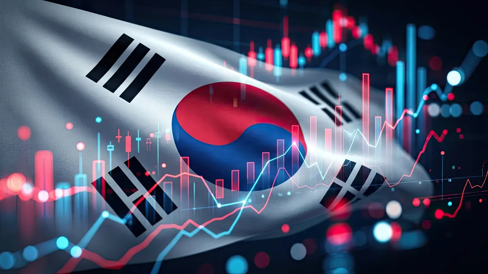 South Korean flag with stock market charts overlaid