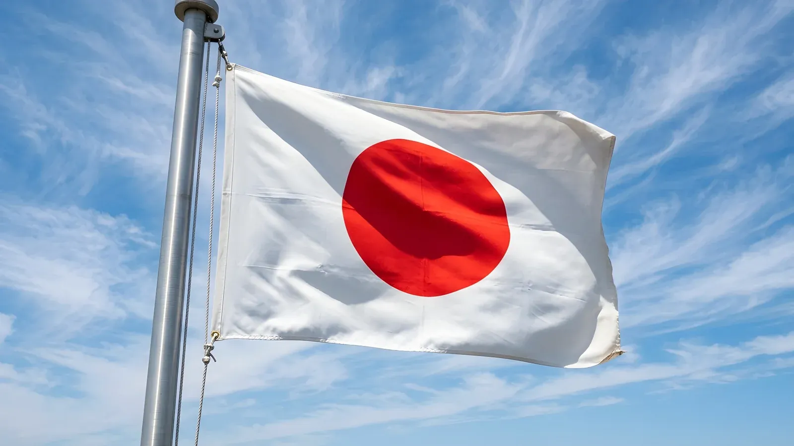 A Japanese flag flying against a blue sky