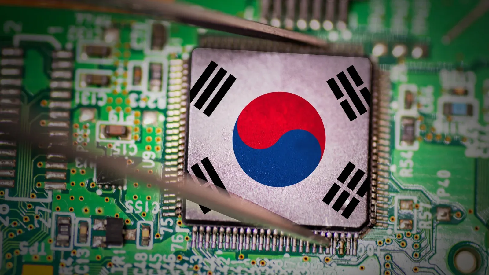 A semiconductor chip printed with the South Korean flag, held by tweezers over a green circuit board