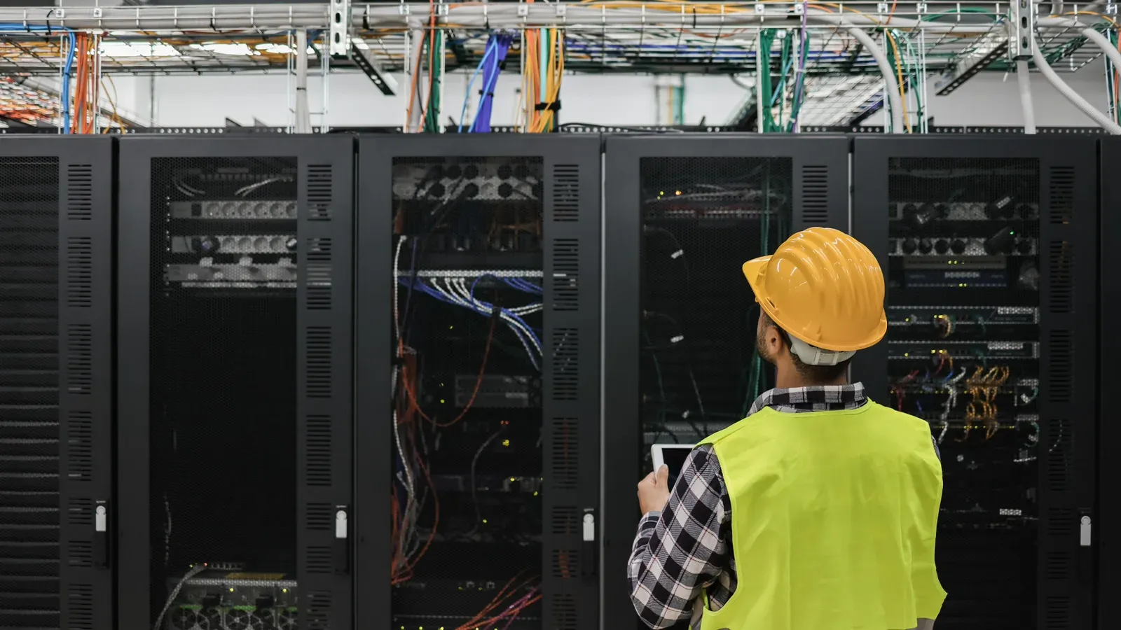 A technician in a hard hat and safety vest checks server racks in a data center