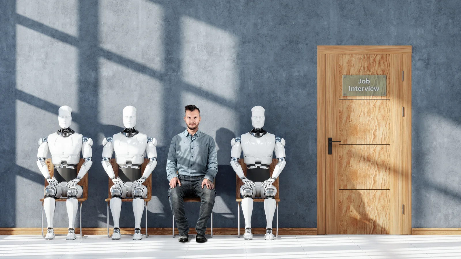 A man sits among humanoid robots waiting outside a door marked Job Interview