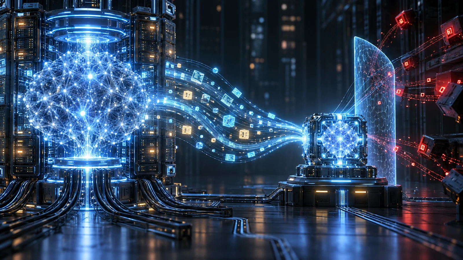 Illustration of a large glowing neural network streaming data into a smaller one in a data center