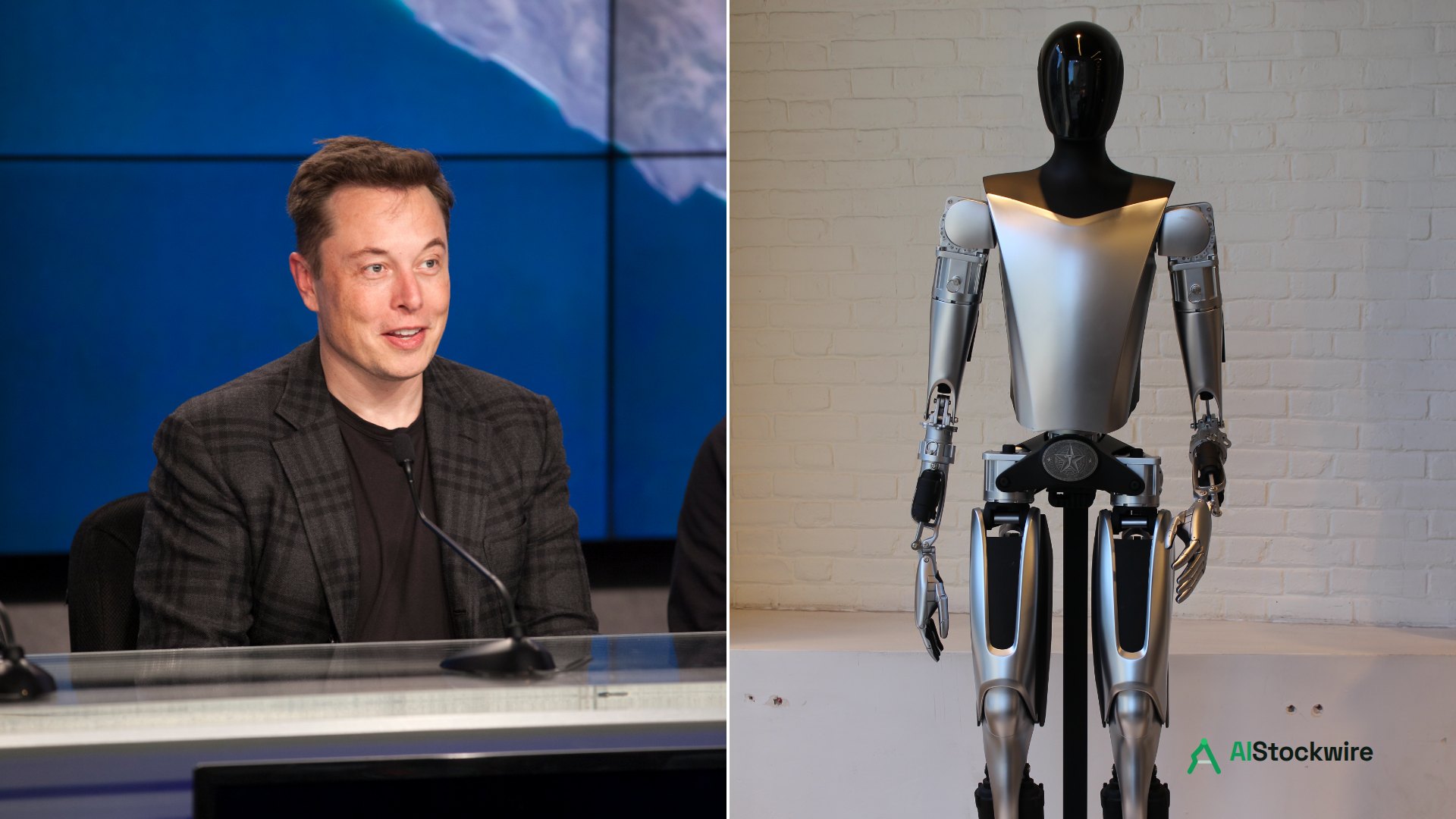 Elon Musk at a press conference, left, and a Tesla Optimus humanoid robot on display, right