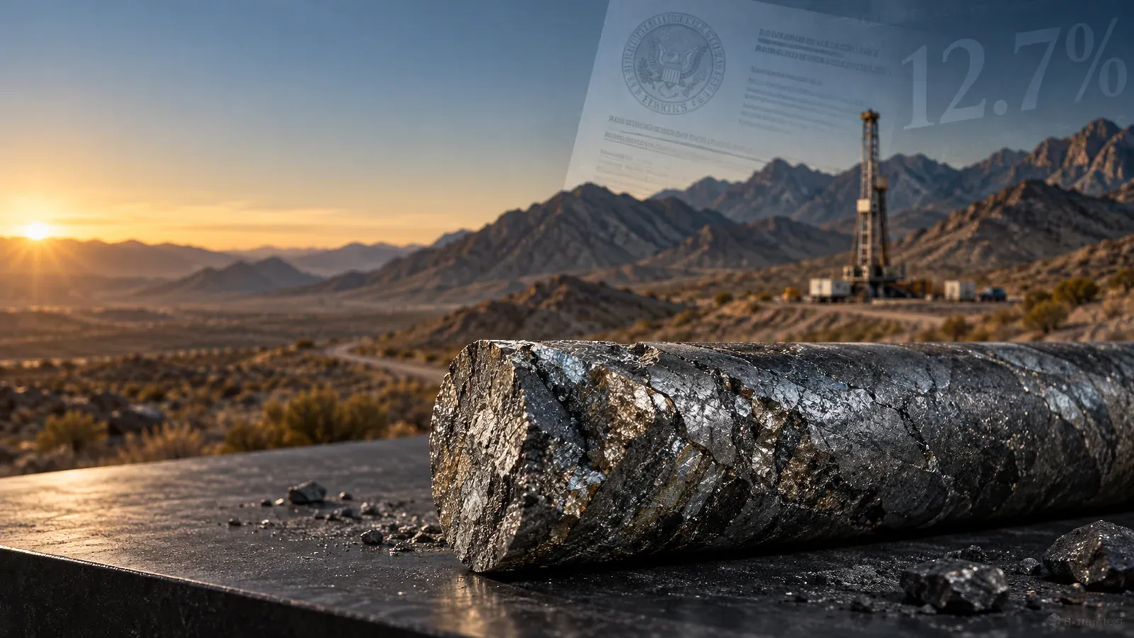 Illustration of a mineral drill core on a dark slab in a desert basin at sunrise, a drilling rig on the ridge behind it, and a faint government filing with the figure 12.7 percent overlaid on the sky.
