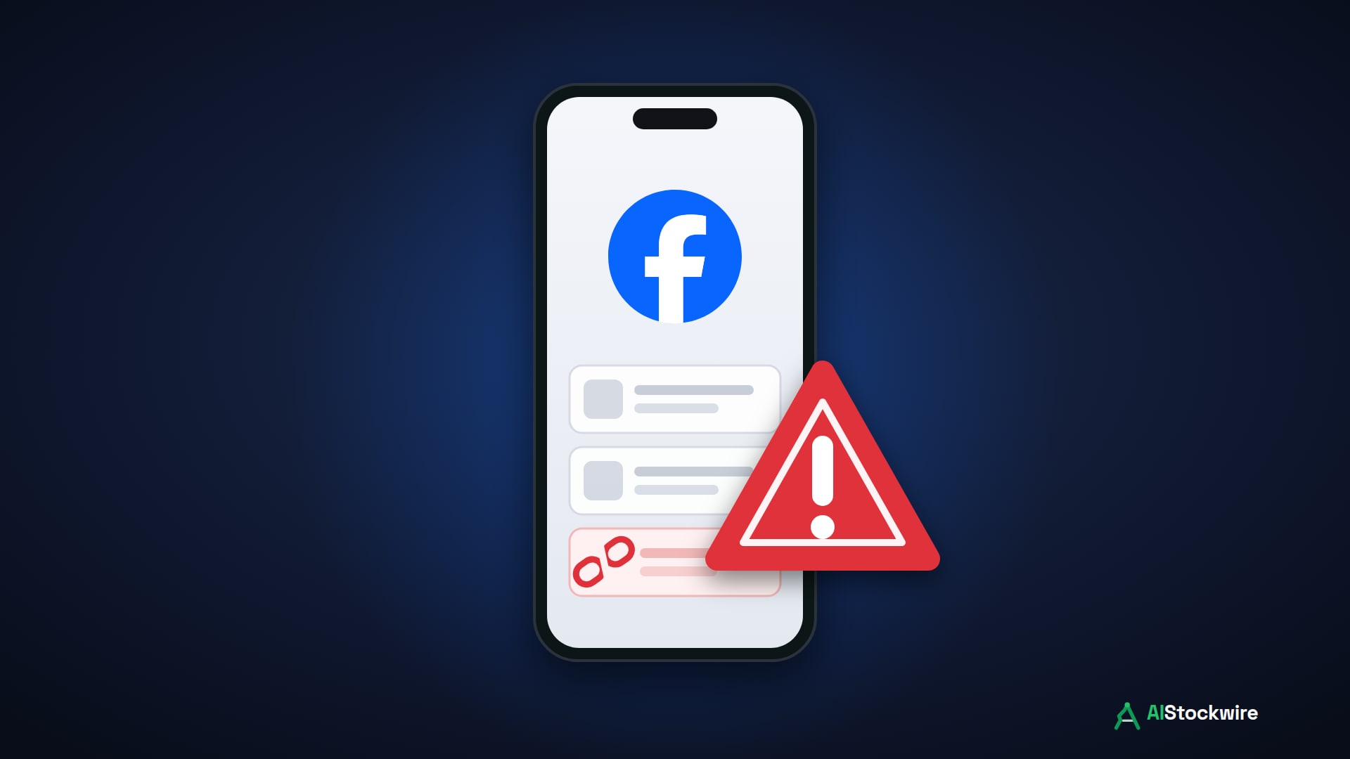 Facebook logo on a phone screen with a red warning sign over a broken link