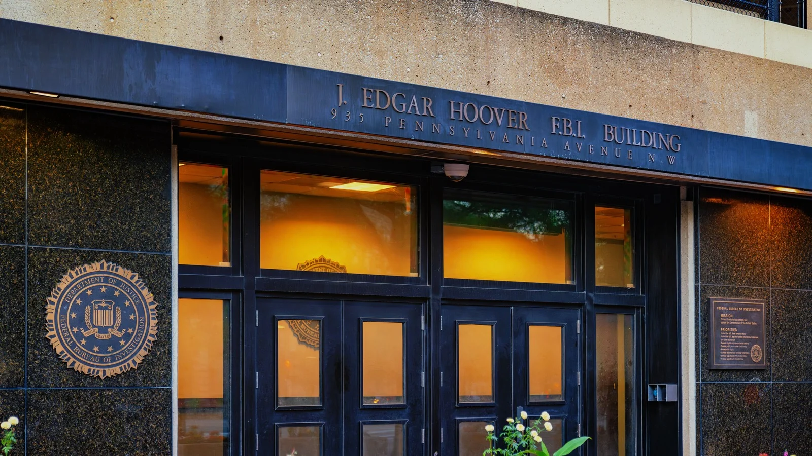Entrance of the J. Edgar Hoover FBI Building in Washington