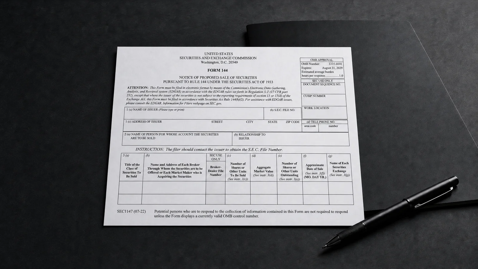 An SEC Form 144, the notice of proposed sale of securities, on a dark folder marked with the Kratos (KTOS) logo.