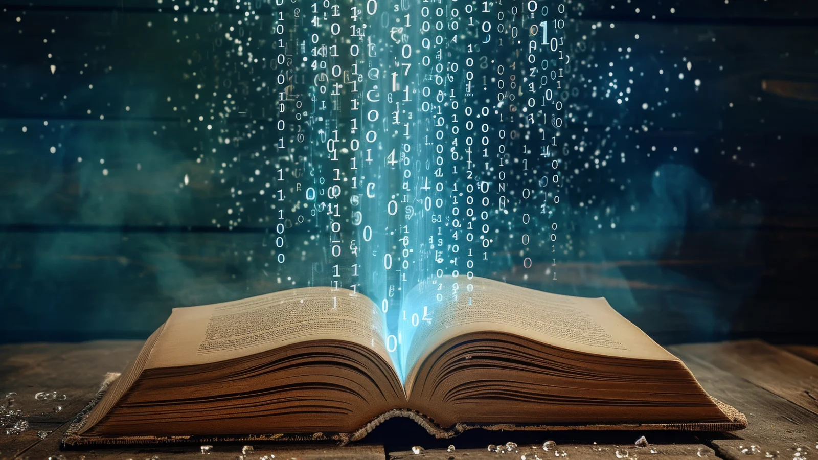 An open book with streams of binary code rising from its pages, illustrating claims a novel was written with AI