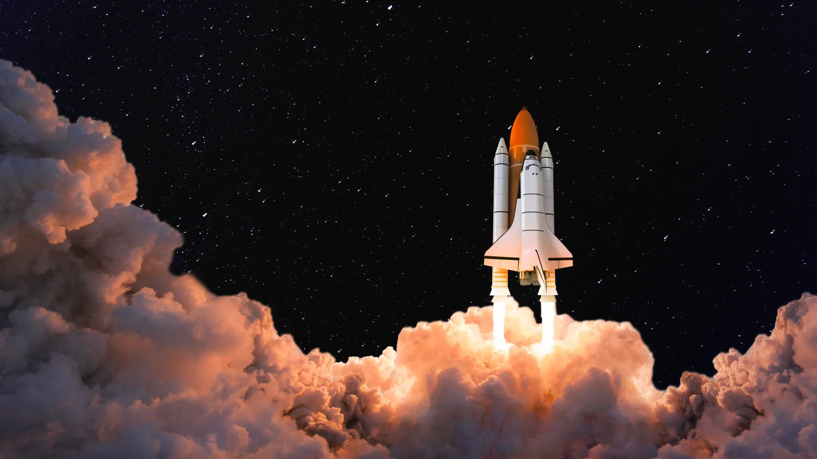 Illustration of a space shuttle lifting off through clouds of exhaust