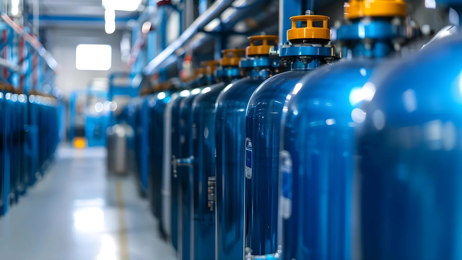 Rows of blue industrial gas cylinders in a warehouse