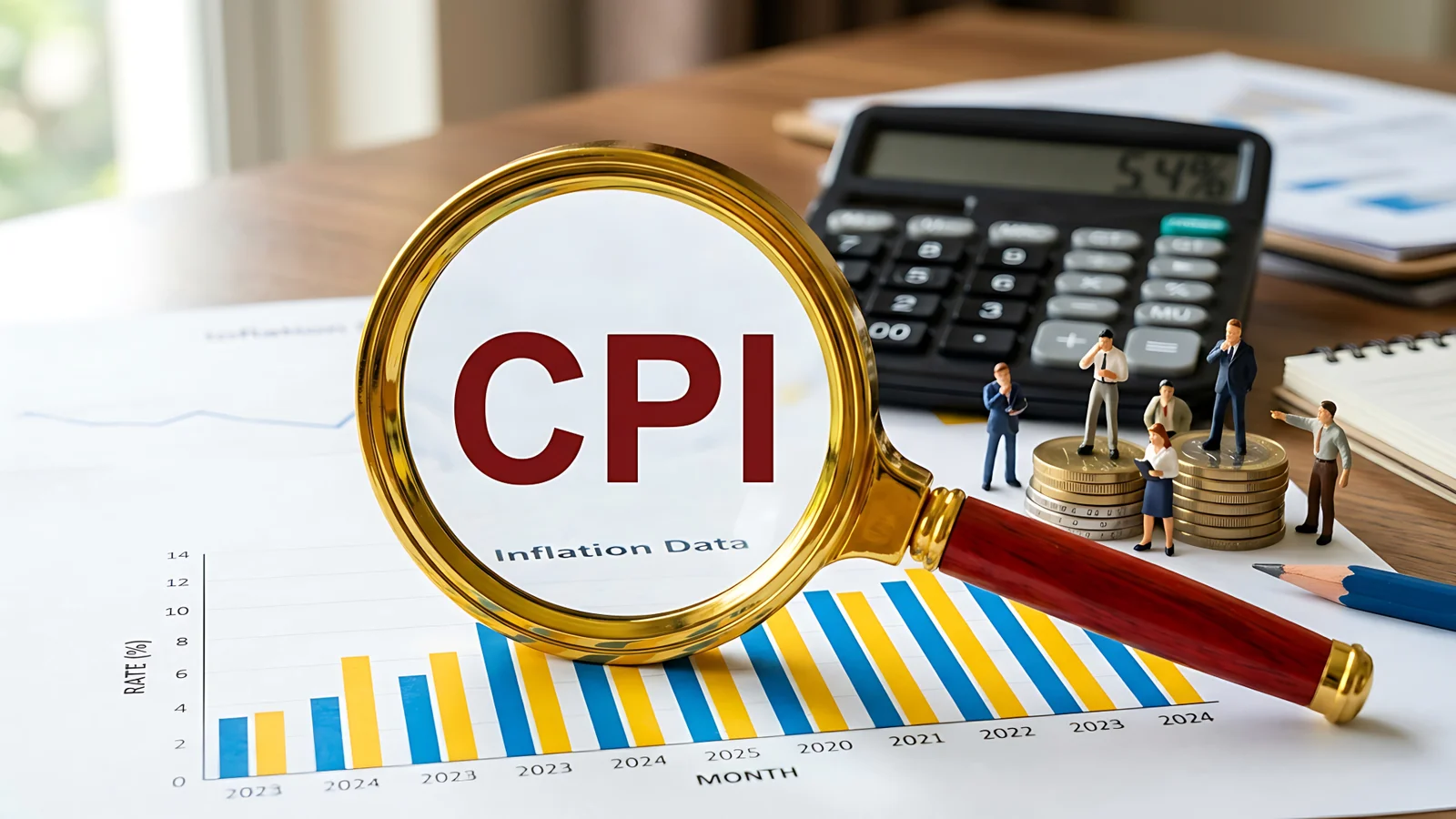 Magnifying glass over the word CPI on an inflation chart, next to a calculator and figurines on stacks of coins