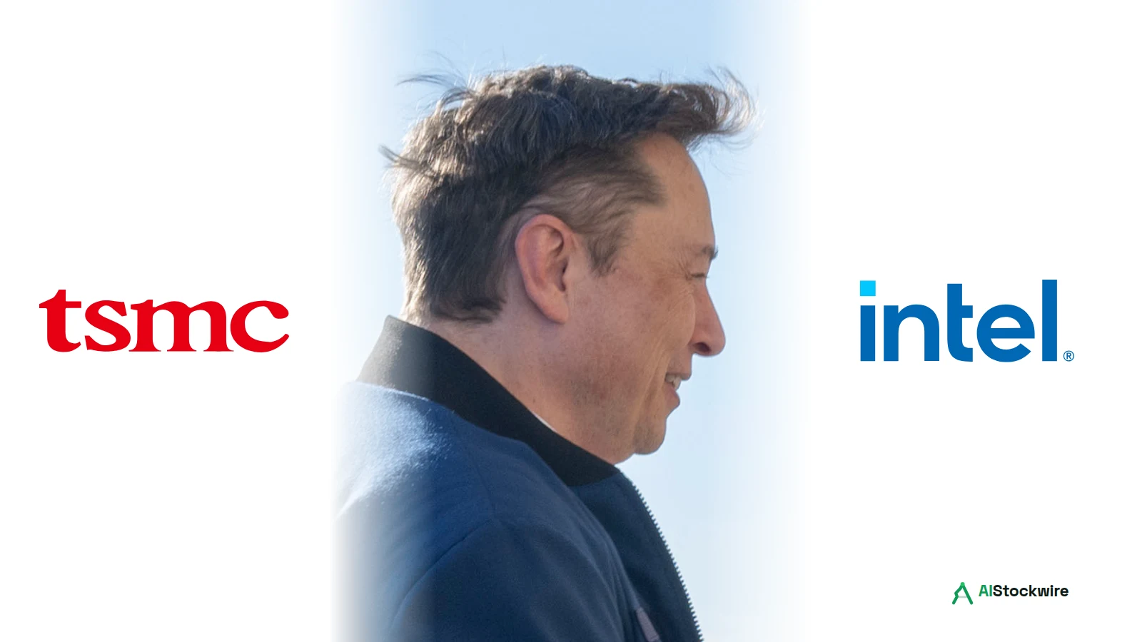 Elon Musk between the TSMC and Intel logos, for a story on Musk ruling out TSMC running Terafab