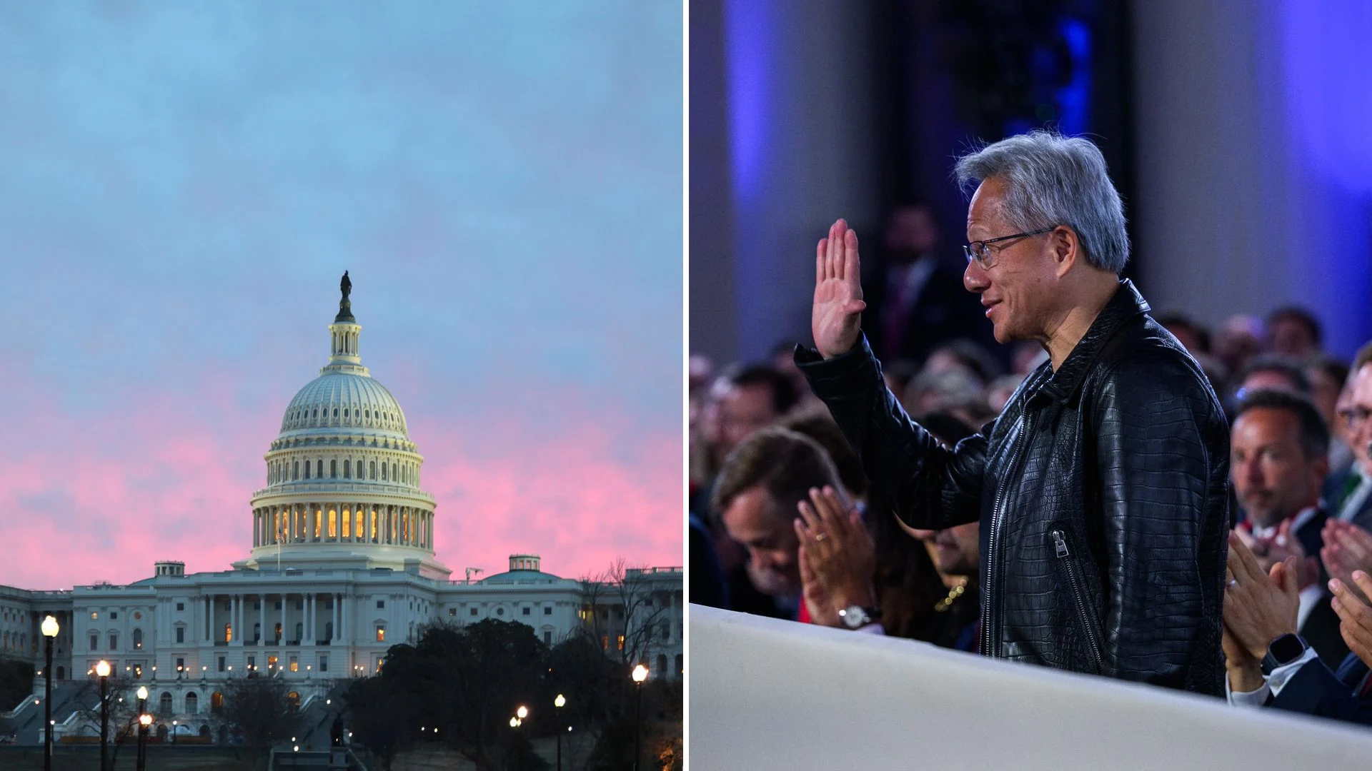 The U.S. Capitol at dawn beside Nvidia CEO Jensen Huang waving at the White House AI Summit