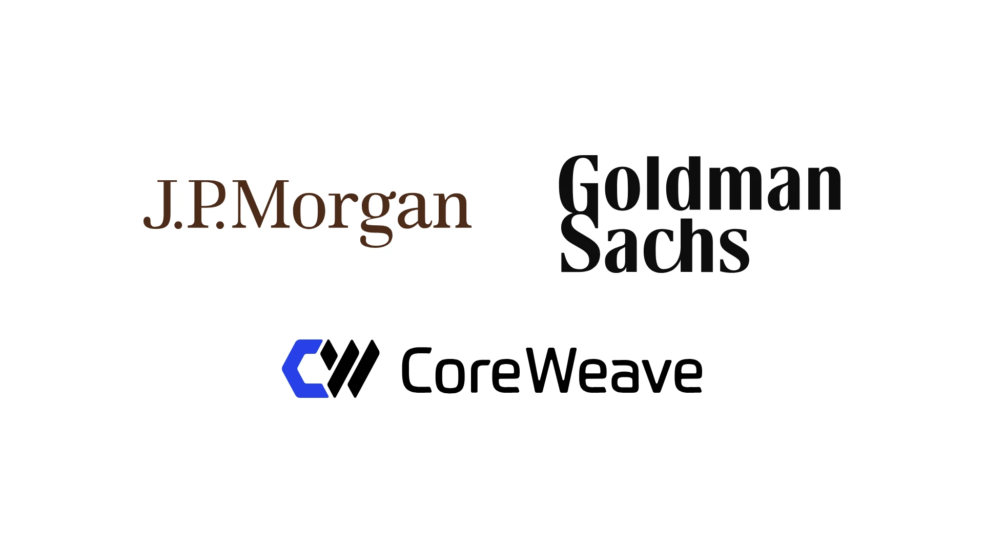 JPMorgan and Goldman Sachs logos above the CoreWeave logo
