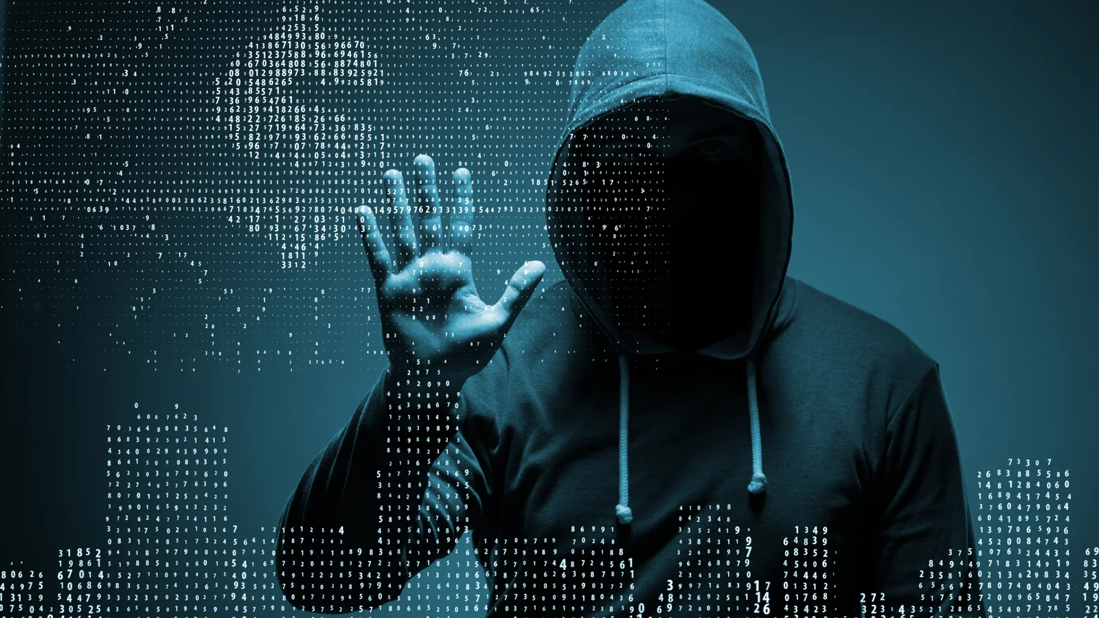 Hooded figure behind streams of digits, illustrating the hacks of Korean banks