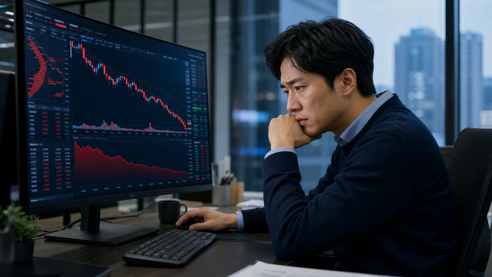 A man rests his chin on his hand at a desk, watching a large monitor filled with a falling red candlestick chart, a city skyline behind him at dusk