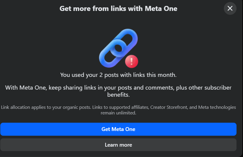 Facebook Meta One notice saying the account used its 2 posts with links this month