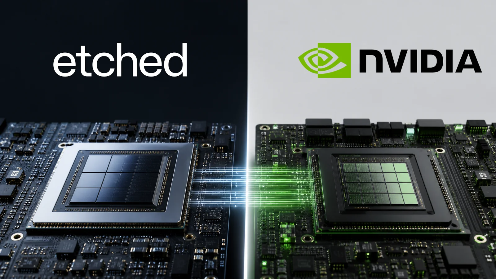 Split image contrasting an Etched AI chip on the left with an Nvidia GPU on the right.