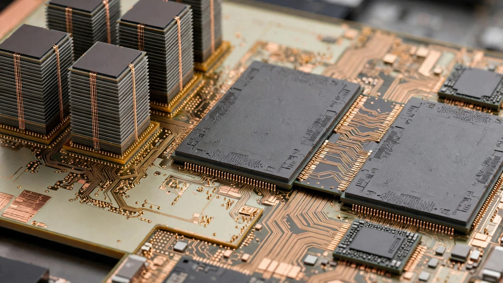 Stacked memory chips and processors mounted on a package substrate with copper wiring