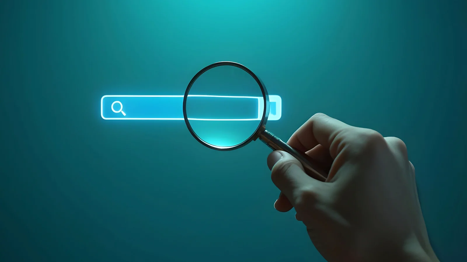 Hand holding a magnifying glass over a glowing search bar