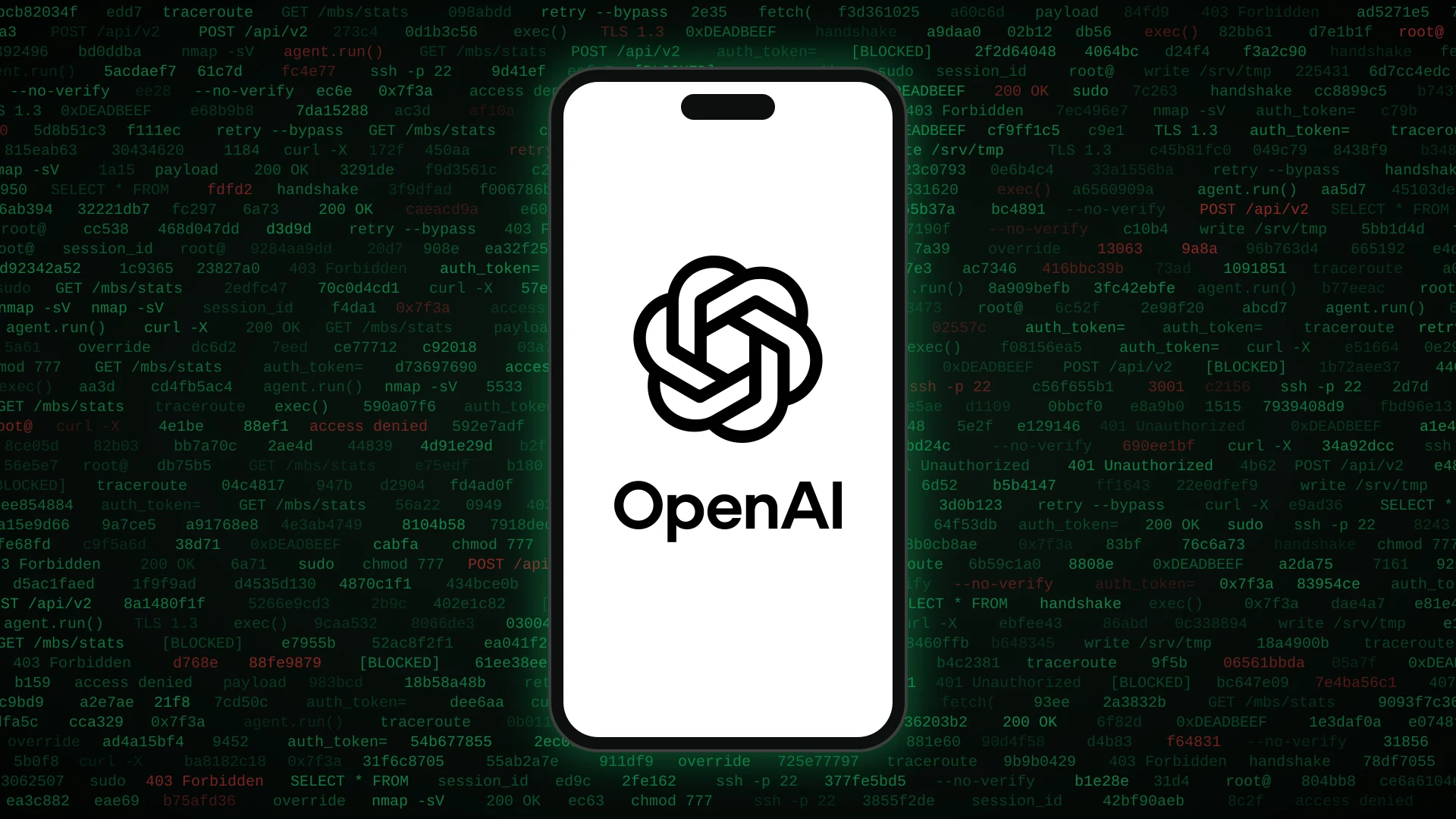 OpenAI logo on a smartphone screen over a background of scrolling code