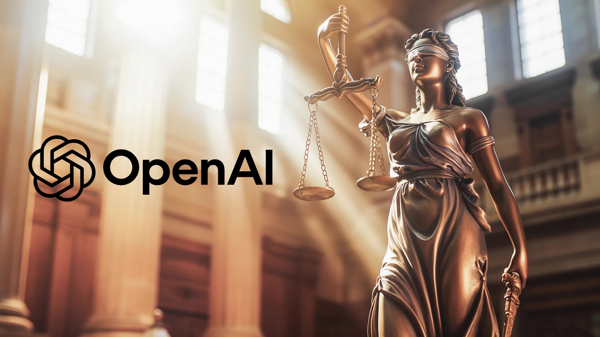 OpenAI logo beside a statue of Lady Justice holding scales in a courtroom