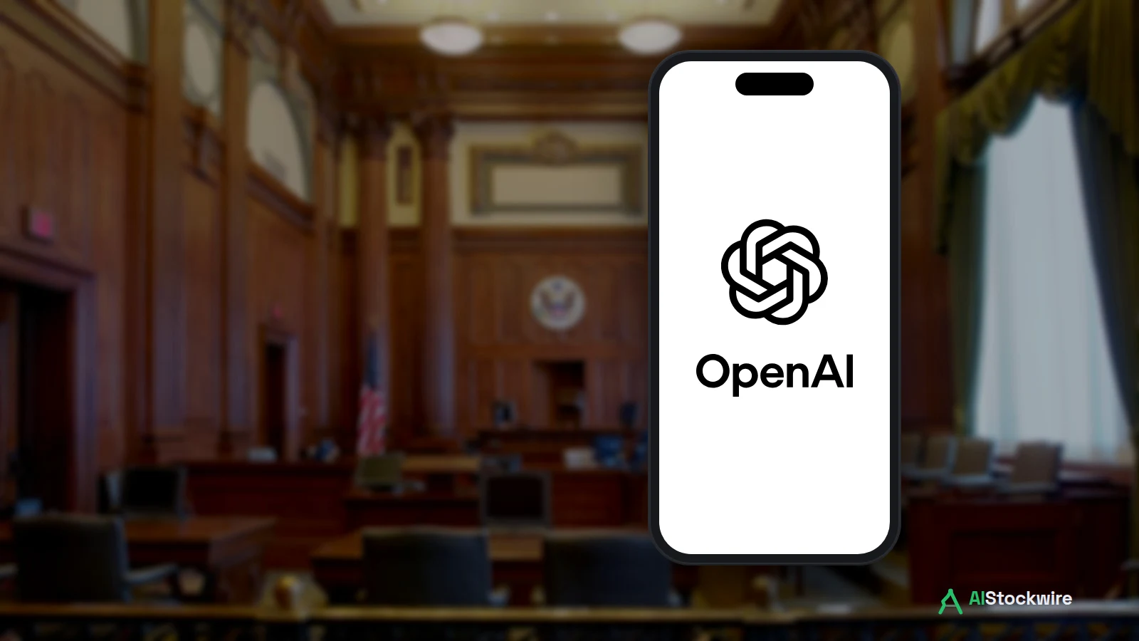 OpenAI logo on a phone screen in front of a blurred federal courtroom