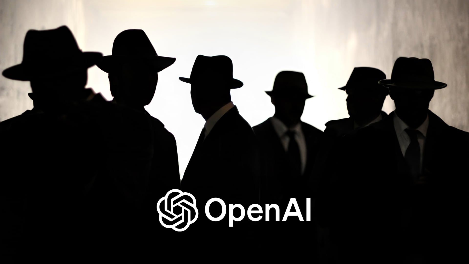 White OpenAI logo over silhouettes of men in fedoras and overcoats