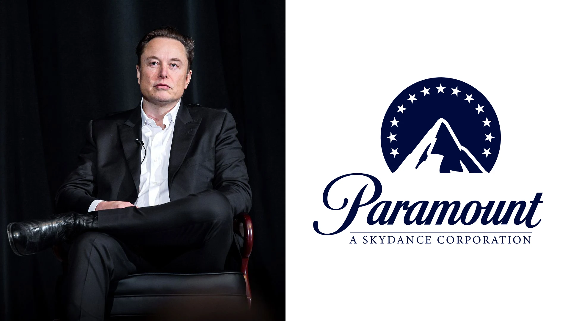 Elon Musk seated on stage beside the Paramount Skydance logo