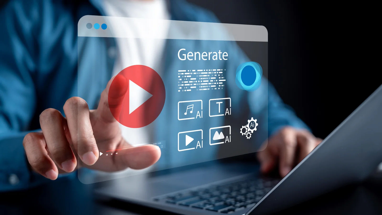 Hand touching a floating AI video interface above a laptop